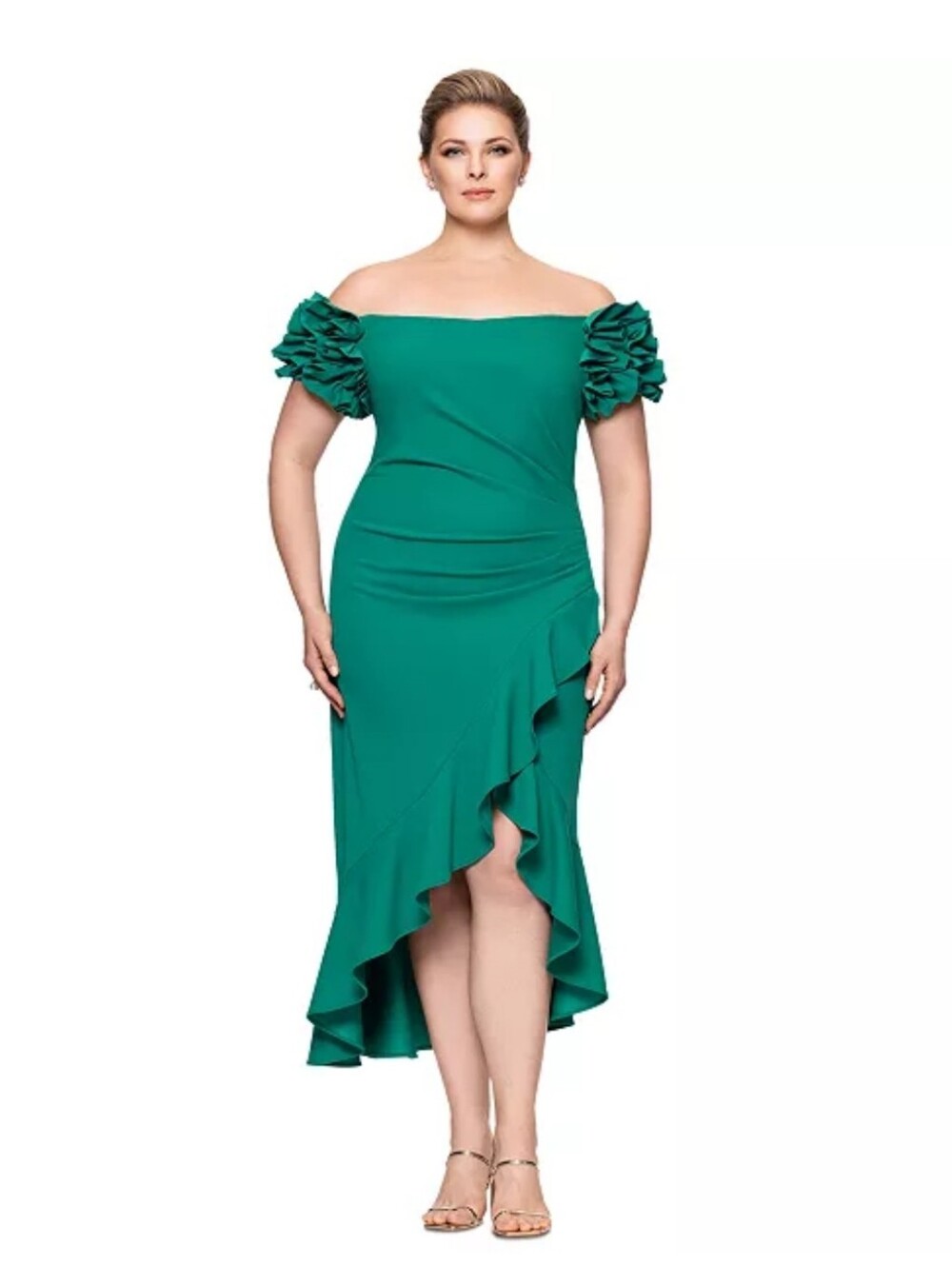 Xscape Green Ruffle Shoulder High Low Formal Gown Dress 22W Plus Size $269